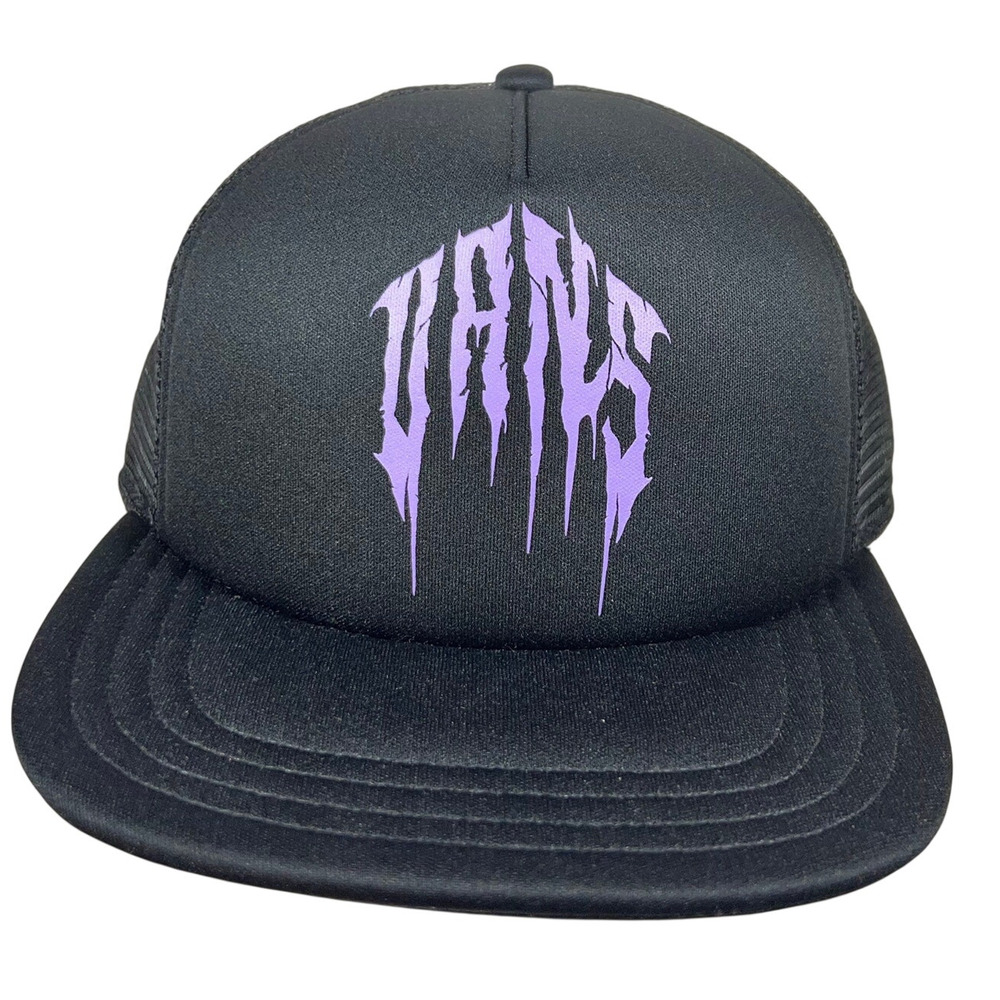Vans Off the Wall Dripping Metal Logo Trucker Hat Black Purple Snapback Cap